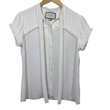 ALEXIS Womens Blouse Large White Pleated Ruffle Tie Neck Short Sleeve Coquette