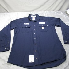 Carhartt FR Work Shirt Mens Large Blue Flame Resistant Button Logo Adrian NEW