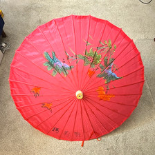 Vintage Hand Painted Pink Fabric Parasol Umbrella Chinese Asian Wood Handle GOOD