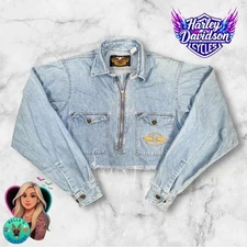 Harley Davidson Womens Small Q-Zip Cropped Cut off Chambray Top Eagle Logo Shirt