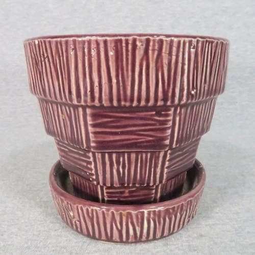 Vtg McCoy Pottery Basket Weave Flowerpot Eggplant Purple Cottagecore Retro 50s