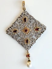 Park Lane 2 Tone Silver Gold Filigree Pendant Faux Pearl & Garnet Color Stones
