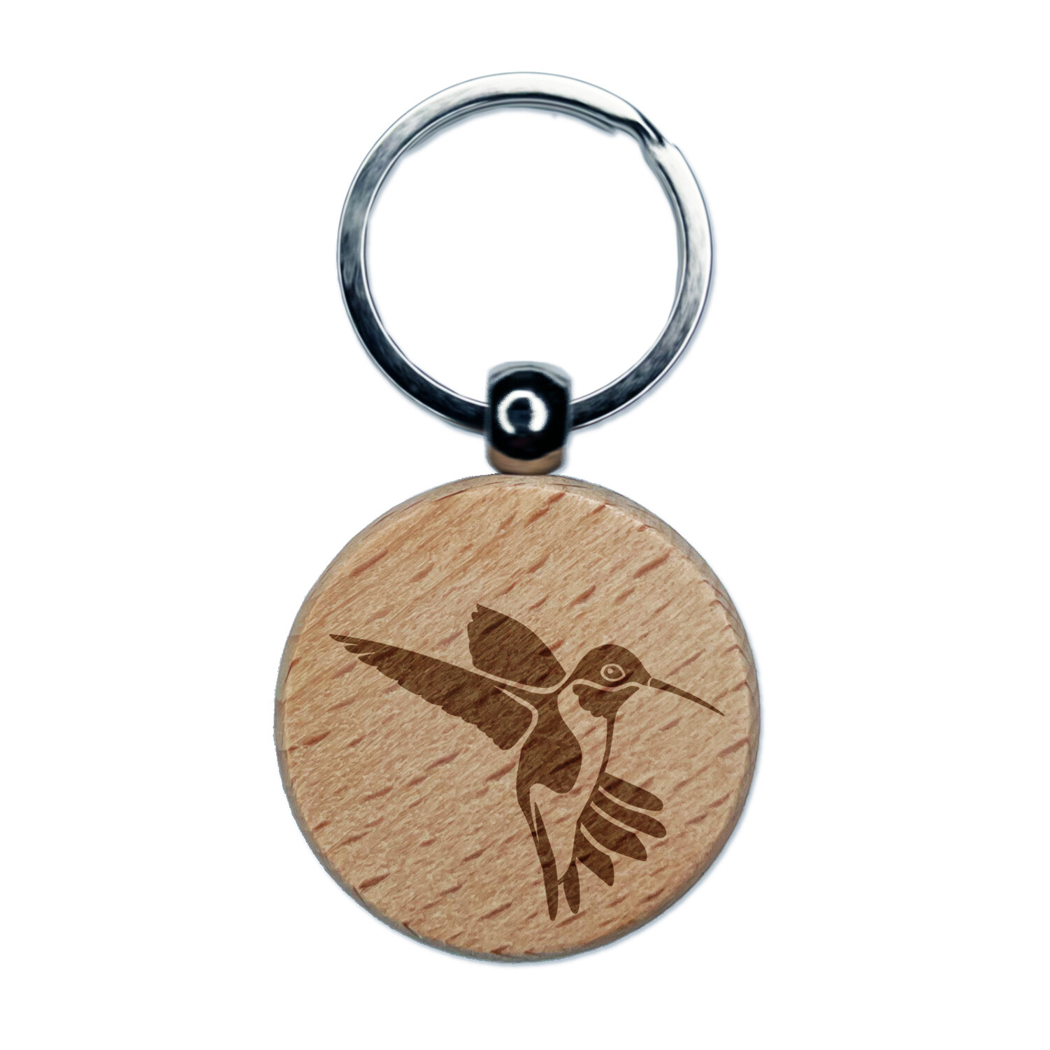 Fluttering Hummingbird Engraved Wood Round Keychain Tag Charm