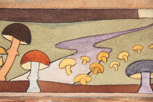 Entwurf für eine Kiste mit Landschaftsdekor und Pilzen, Aquarell, um 1900 - Bild 4 von 13