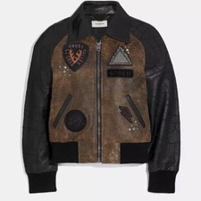 Coach Women’s Embellished Varsity Leather Jacket With Patchwork Sleeves Size 0