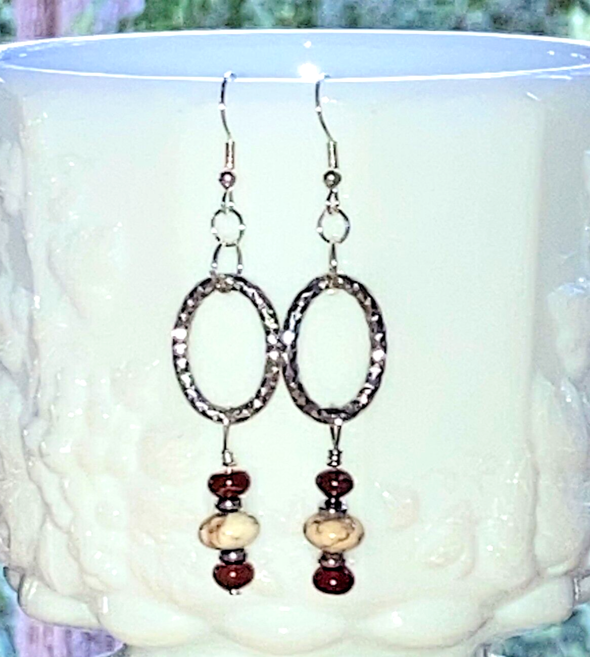Textured Silver Oval Red Jasper Turquoise Dangle Artisan Handcrafted Earrings