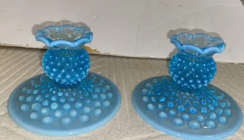 Pair of vintage Fenton blue opalescent hobnail glass candleholders