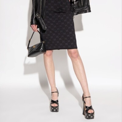 【GUCCI】gucci janaya sndl ld32 NEW GUCCI Janaya Interlocking G Studs Black Leather Platform