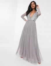 New Needle&Thread Ava Sequin bodice tulle gown  in gray Size UK8 US4
