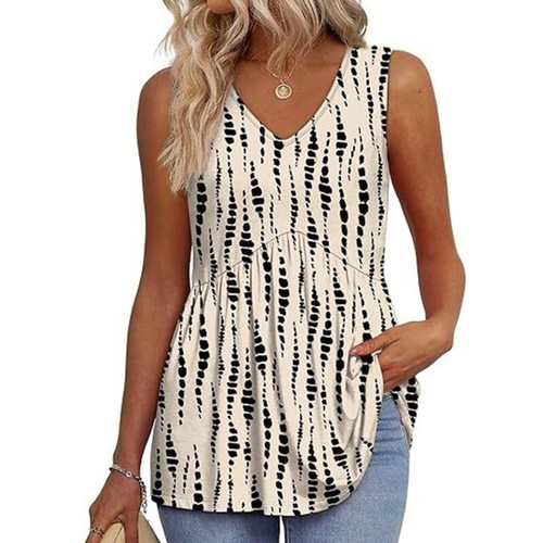 Women Sleeveless V Neck Tunics Shirt Eyelet Ruffle Babydoll Peplum Tank Tops - Picture 32 of 48