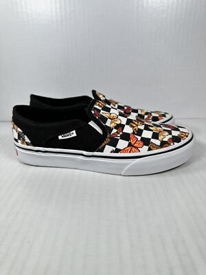 Vans Asher Butterfly Checkerboard Slip On Shoes Womens Size Black  VN000VOSJBW