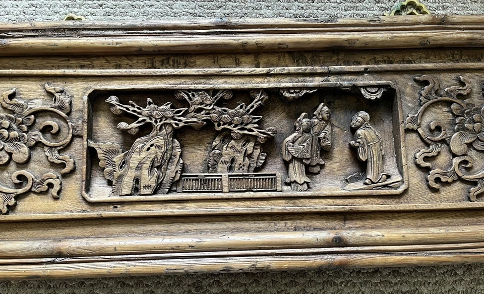 Large Vintage Old Chinese Window Carving Panel Wall Hanging Garden Maidens Decor - Image 3 of 4