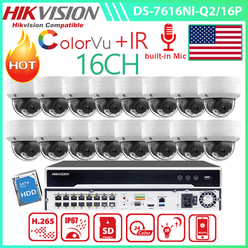 US Hikvision 16CH 16POE NVR 5MP Smart Hybrid light Color Camera System Kit Lot