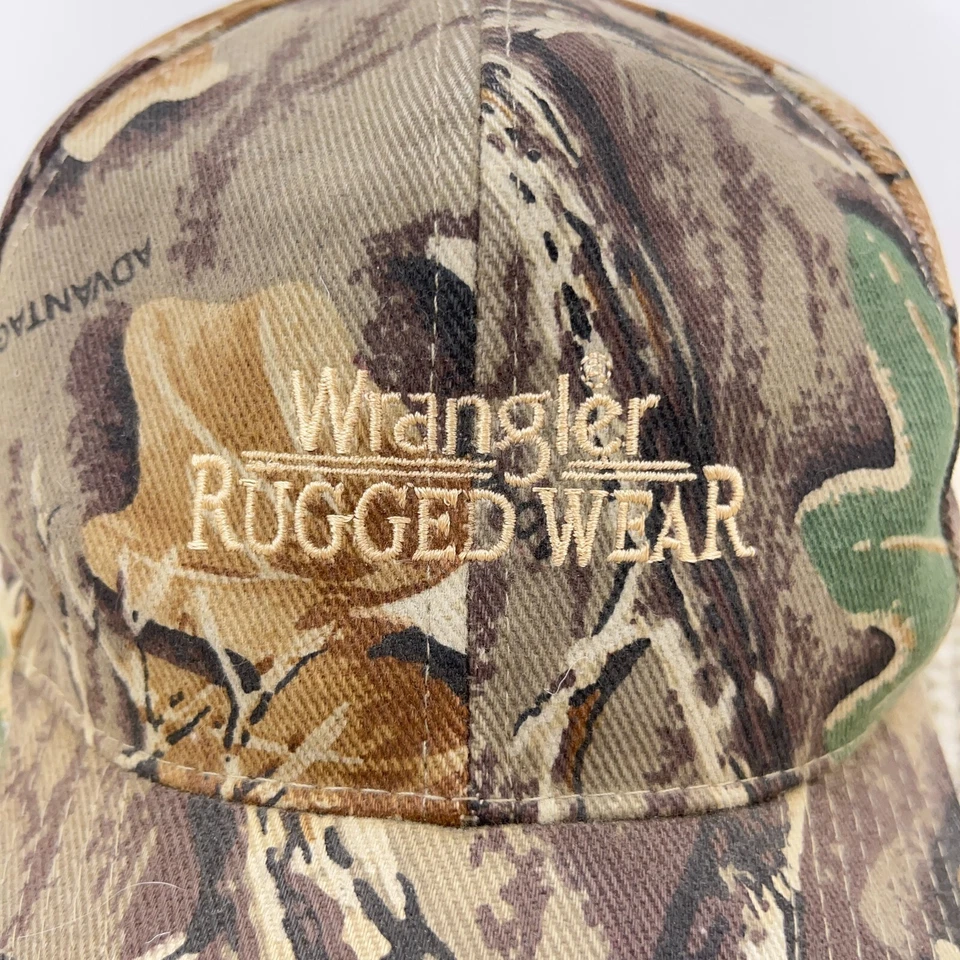 De colección Wrangler Resistente Ropa Camuflada Sombrero Gorra Correa de Cuero Trasera Años 90 Y2K Camiseta Patín Foto 2 de 4
