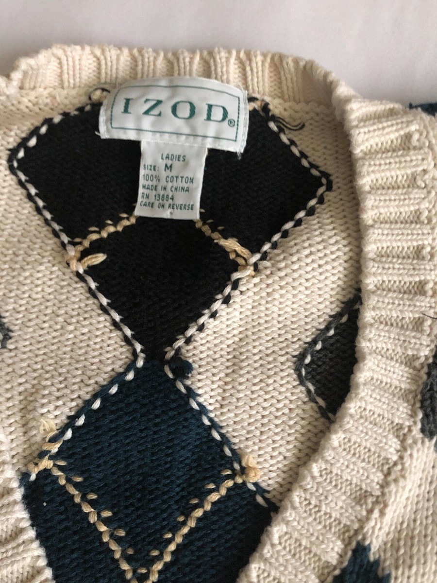 Vintage Izod Club Women's Ivory Argyle Pattern Cardigan Sweater Sz