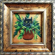 Black cat Painting Framed original art Funny cute kitten in a vase with flowers