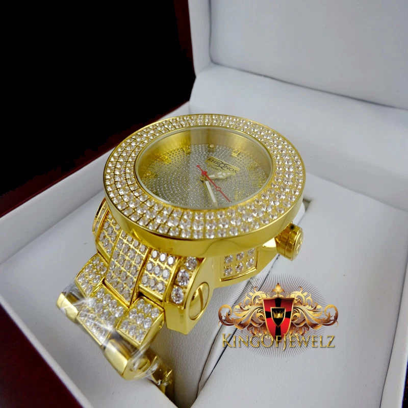 Genuine Diamonds Custom Men s Khronos Gold Finish Icy Band Stainless Steel Watch