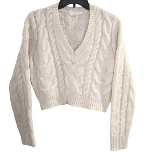FRAME IvoryOffWhite Cable Knit V-NeckCroppedLongSleevePullover Sweater Sz XS$429 - Picture 16 of 22