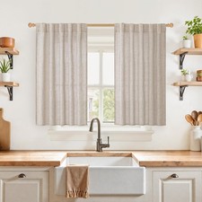 Short Linen Curtains 40 Inch Length Kitchen Window Over Sink Semi Sheer Cafe