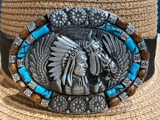 Classic Vintage Antiqued Silver Native American Chief and Horse Oval Belt Buckle