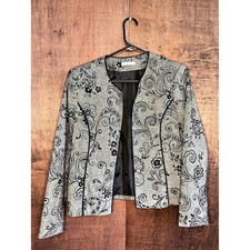 Dressbarn Women's Gray Black Floral Paisley Open Front Blazer Jacket