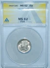 1919 ANACS MS62FB Full Bands Struck-thru Wire Mercury Dime