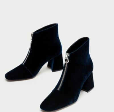 NEW Zara High Heeled Velvet Blue Brick Ankle Boots Size