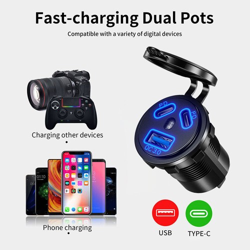 QC3.0 USB Outlet 108W 3 Ports Car Charger Socket Dual 45W PD Type C 12V/24V 18W - Picture 10 of 27