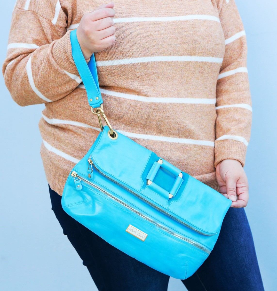 Jimmy Choo 水色スエード パーティーバッグ Jimmy Choo MAVE Foldover Clutch Victoria Beckham's Favorite $1295+