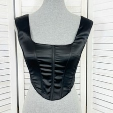Olivaceous Coset Top Womens Medium Black Satin Sleeveless Crop Zipper Sleeveless