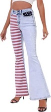Women's Patchwork Flared Jeans Stars Stripes Printed Bell Bottom Denim Pants