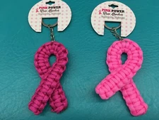Two (2) PINK POWER Breast Cancer Awareness Key Chains New W/Tag BRAIDED ROPE