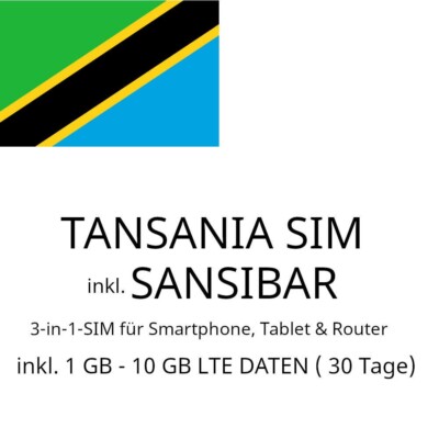 Touristen SIM für Tansania inkl. Sansibar und 1 GB - 10 GB LTE nach Wahl