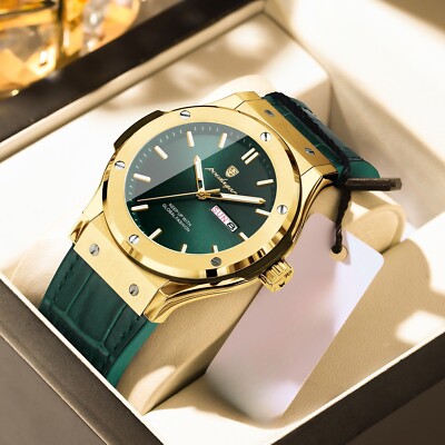 Luxusuhren Herren Kalender Quarzuhr Wasserdicht Leuchtend Leder Armbanduhr