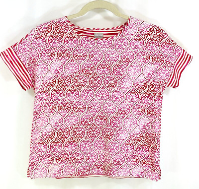 Chicos Size 1 Top Scoop Neck Cap Sleeve Red Pink Boho & Stripe Womens M