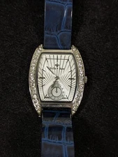 Bella Rose Silver Tone Dial Crystal Accent Rectangle Case Blue Band Watch Woman