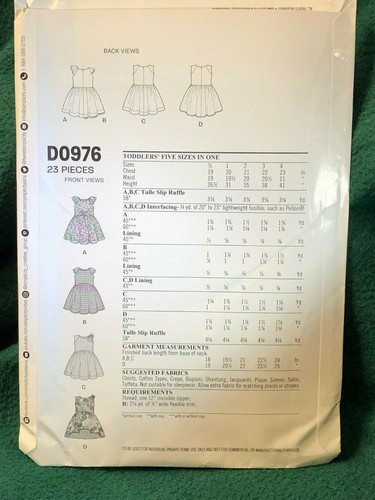 Simplicity NewLook Child DRESS and UNDERSKIRT #D0976 Size U.S. A (1/2 - 4) - Picture 2 of 2