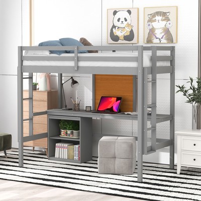 Twin Loft Bed W/Desk& Writing Board & 2 Drawers Cabinet 353AAE