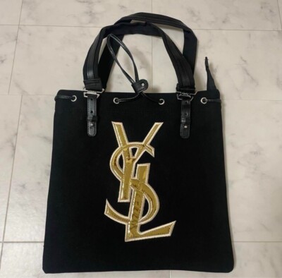 Yves Saint Laurent Black Tote Bag Handbag Canvas Gold Logo Cosmetics Novelty JP