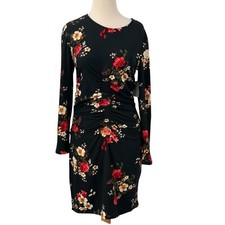 NWT Derek Heart Long Sleeve Bodycon Dress Ruched Black Multi Floral Roses Size L