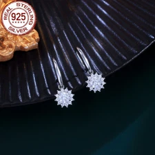 Genuine CZ Flower Round Hook Dangle Drop Earrings 925 Sterling Silver Jewelry