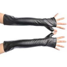  Black PU Faux Leather Long Arm Warmer Dress Up Fingerless Gloves Halloween 