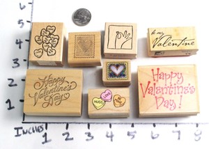 Wooden-RUBBER-STAMP-Block-Stamps-Lot-Valentines-Hearts-Greetings-Heart-Candy