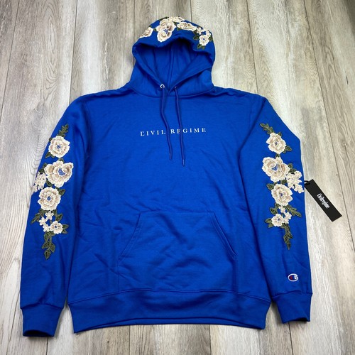 New Civil Regime Champion Hoodie Mens Medium Blue Embroidered Roses Pullover NEW