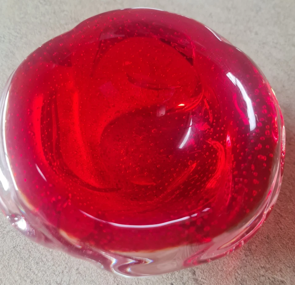 Vintage Murano Red Bullicante Art Glass Bowl With Controlled Bubbles - image 2 of 4