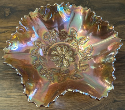 Antique Dugan Cosmos Marigold Carnival Glass Ruffled Bowl Iridescent 9'' Vintage