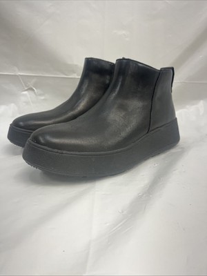 Women FitFlop F-Mode Leather Flatform Zip Ankle Boots Black