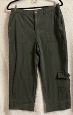 Vintage Y2K Wide Leg Cargo Crop Pants Green Lightweight Cotton White Stag Sz 10