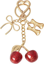 Bubble Initial Keychain with Cherry Bow - Gold Silver Letter Bag Charms for Wo