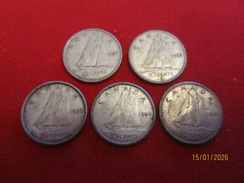 1956-57-59-60-61 - Silver dime from Canada - Lot of 5 coins . VG/F Mix